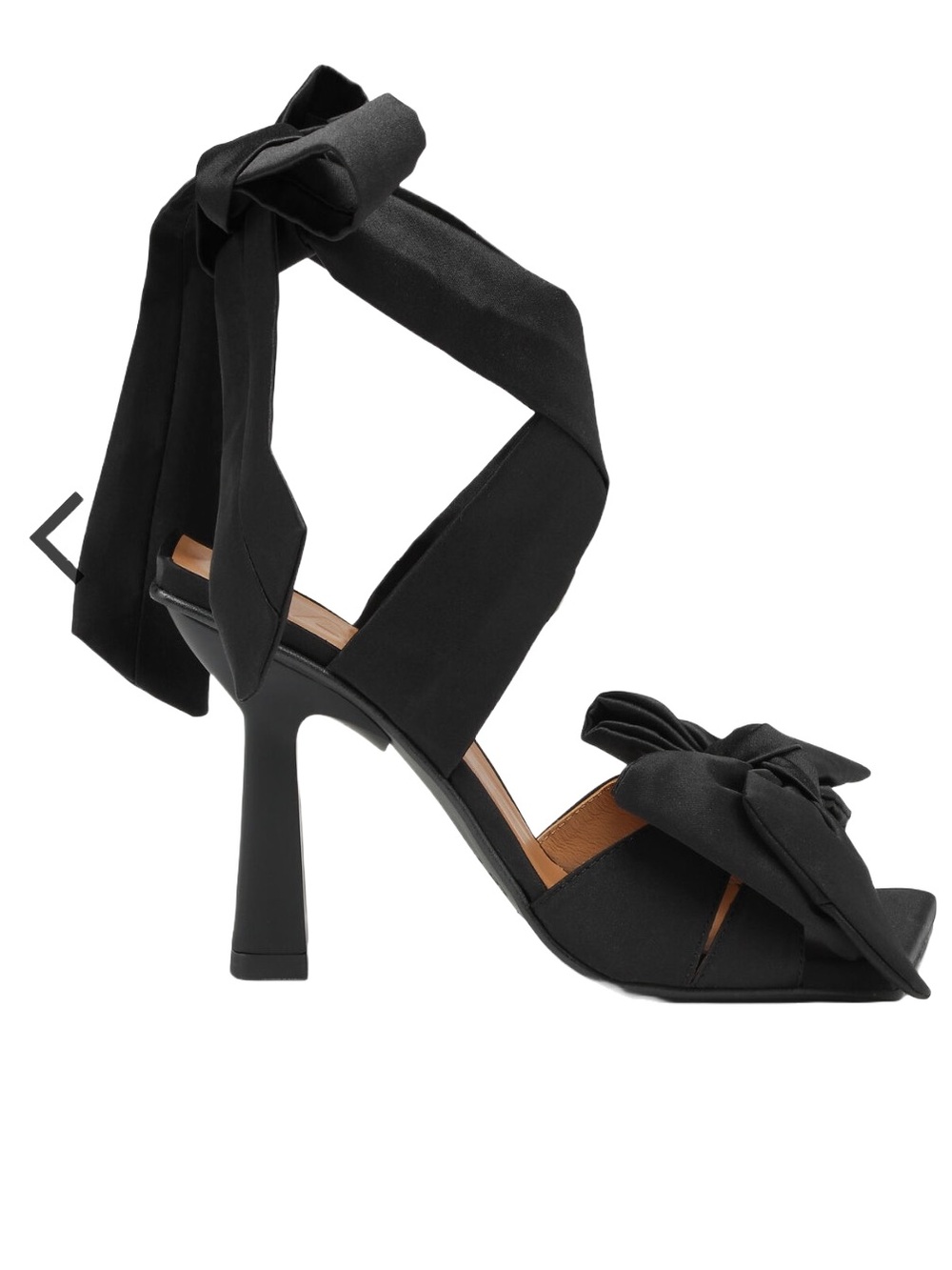 Ganni Black Satin Bow Ankle-Tie Stiletto Sandals